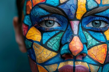 A womans face is intricately painted with a myriad of colors, creating a striking and vivid artistic expression.