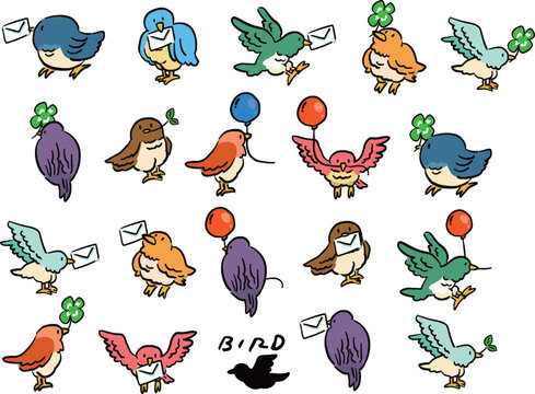 物をくわえたいろいろな鳥の手描き風イラストセット