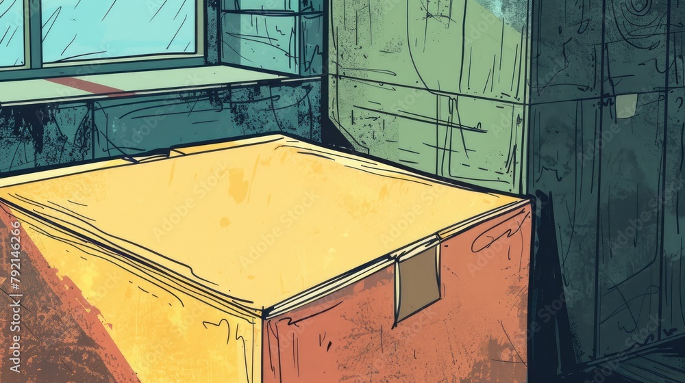 Poster cartoon rendering of a paper box incorporating logistics and storage elements depicted in a digital 