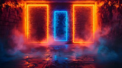 Illuminated by Orange and Blue Neon Lights: A Dark Futuristic Room with Textured Brick Wall. Concept Neon Lights, Futuristic Room, Brick Wall, Orange and Blue, Dark Atmosphere
