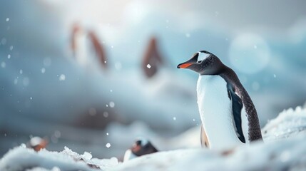 Obraz premium PORTRAIT of a beautiful penguin in the snow in its habitat with blurred background in high resolution and high quality. CONCEPT ANIMALS,ANTARCTIC
