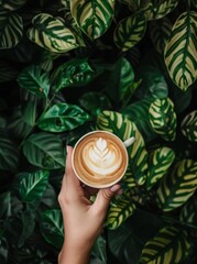 Person Holding Cup of Coffee in Front of Plant