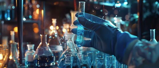 Scientist Holding Beaker of Blue Liquid