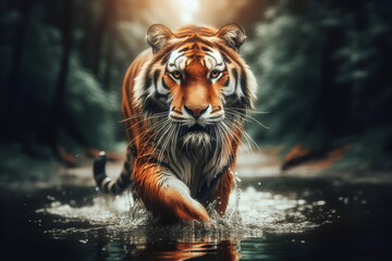 a tiger that is walking through the water