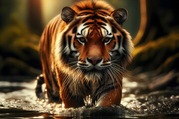 a tiger that is walking through the water - obrazy, fototapety, plakaty