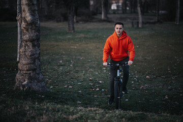 A young adult male cycles through a city park, exemplifying a fit and active lifestyle amidst an...