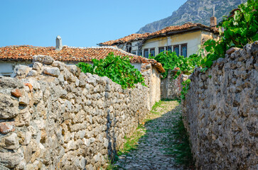 Beautiful old village near Kruja castle with traditional Albanian houses in Kruja, Albania