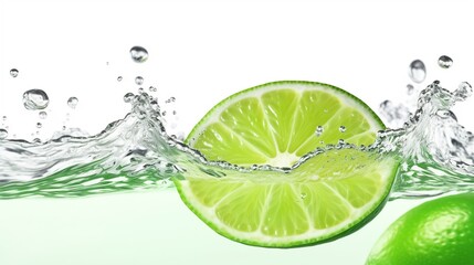 Fresh slice of lime in water splash isolated on white background.