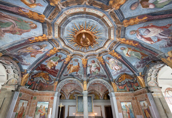 MILAN, ITALY - MARCH 4, 2024: The ceiling frescoes in the chapel of church Chiesa di Santa Maria...