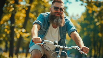 Hipster man with beard riding bike in sunny park. lifestyle and urban commuting themes