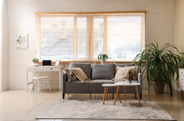 Stylish interior of living room with comfortable sofa, houseplants and coffee tables