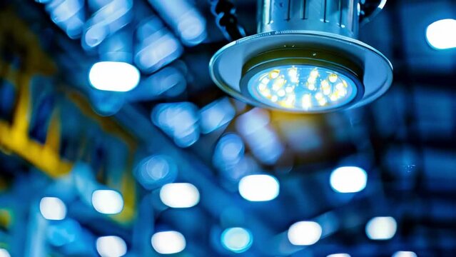 Industrial ceiling light fixture emitting a bright glow, ideal for energy and technology themes.