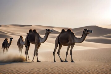 'camels arab dhabi dromedary emirates group abu a empty desert crossing united quarters dune animal arabic brown camel cute daylight dubai gold hump isolated line middle east nomad outdoors peaceful' - obrazy, fototapety, plakaty