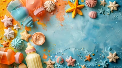 Blue and Yellow Background With Starfish, Shells, and Other Items