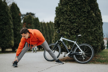 A young adult male takes a break for some stretching exercises beside his bicycle in a serene park setting, under an overcast sky.