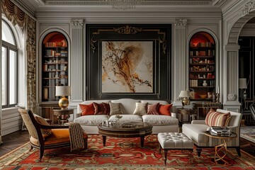 American Regency-style living room with glamorous accents and luxe fabrics.