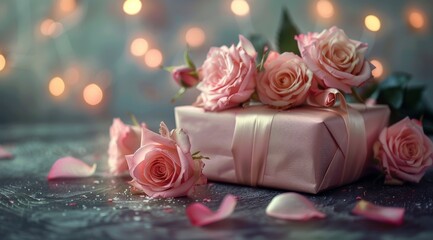 Obraz na płótnie Canvas Pink Present Box With Pink Roses