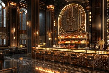 Art Deco-inspired bar area with mirrored surfaces and geometric patterns.