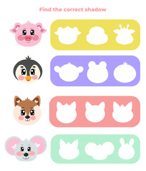Find the correct shadow of funny kawaii characters mouse, pig, fox, pinguin face animal