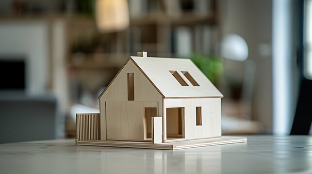 Modern Architectural Model of House on Table with Blurred Office Background, Concept of Design, Real Estate Development, and Workspace Environment in Contemporary Urban Living, Selective Focus