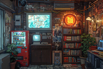 interior of the house,
 Pixel Art Nostalgic Scene from a Retro Inspired