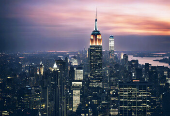 'Sunset Amazing Building State Empire Midtown City York New manhattan aerial skyline landscape view...