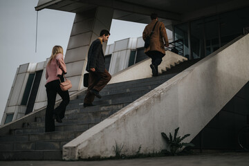 Three corporate professionals in business attire walking up steps outdoors, near a modern office...