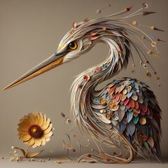 A stork that has been meticulously created from a variety of materials. - obrazy, fototapety, plakaty