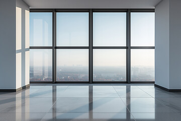 Empty room with large glass panoramic window providing aerial city view.