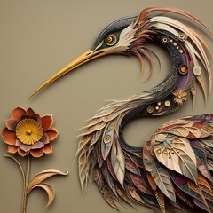 A stork that has been meticulously created from a variety of materials. - obrazy, fototapety, plakaty