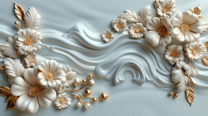 Luxury white and gold frame, 3d flower wallpaper