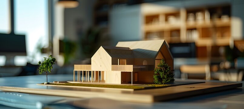 Modern Architectural Concept: Miniature House Model Displayed on Table Against Blurred Office Background. Ideal for Presentations or Real Estate Concepts. Ultrawide Banner Format