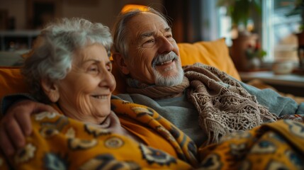 Fototapeta premium Happy romantic senior couple hugging and enjoying retirement sitting on the couch at home