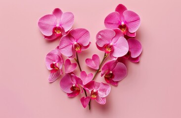 Naklejka na ściany i meble Heart Shaped Pink Orchid Arrangement on Pink Background