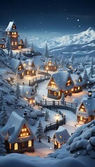 Winter village with houses and mountains in the background, 3d illustration