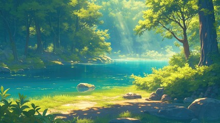 Obraz premium A vibrant summer forest scene unfolds with a crystal clear lake nestled on a sunlit glade surrounded by lush trees and a winding path This 2d cartoon captures the essence of nature with its 