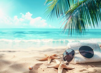 Fototapeta na wymiar Sunglasses and Starfish on Beach