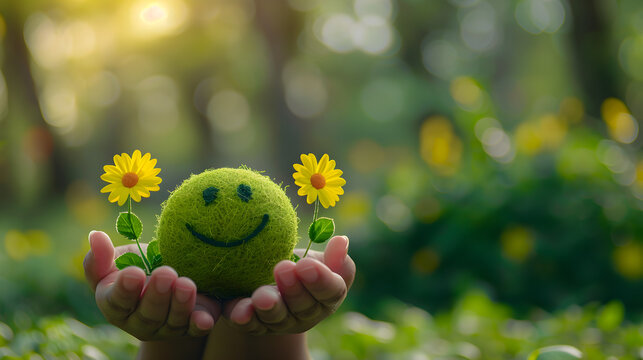 Hands holding a green happy smile face representing the concept of compliment day and positivity.