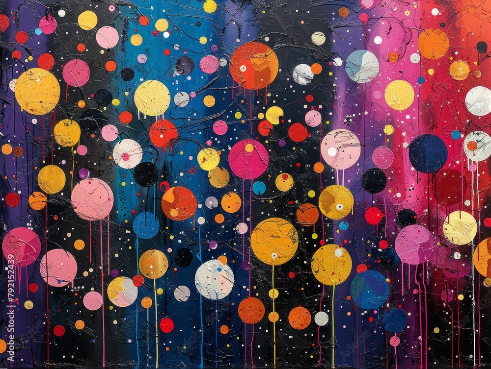 Poster a vibrant painting featuring an array of brightly colored balls floating gracefully against a backdr