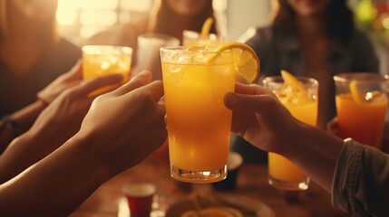 Friends cheering glasses of orange juice in restaurant at party time on blurred light background. - obrazy, fototapety, plakaty