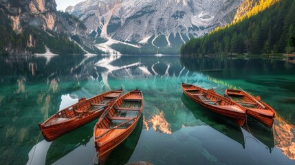 Two Canoes on Lake With Mountains