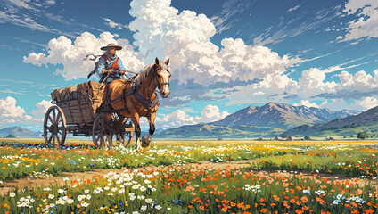 farmer riding on wooden wagon pulled by a horse on a fine spring day through a field of flowers