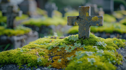 Mossy Cemetery With Yellow Flowers