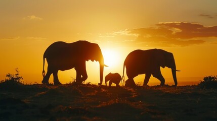shadow of elephant family with the sun in the background