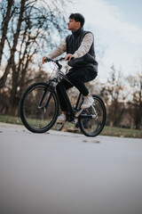 Fototapeta premium A young male teenager is seen actively riding his bicycle in a serene park setting, enjoying a day outdoors.
