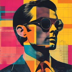 Retro-futuristic spy in a 60s mod style, bold geometric patterns and bright colors, sleek gadgets that epitomize the era's optimistic tech view