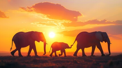 shadow of elephant family walking with the sun in the background on a sunset
