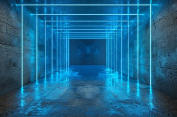 An Empty Room With Blue Neon Lights