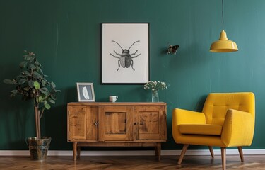 Yellow Chair and Green Wall in Living Room