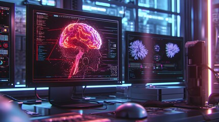  brain connected to the motherboard, abstract future technology concept illustration